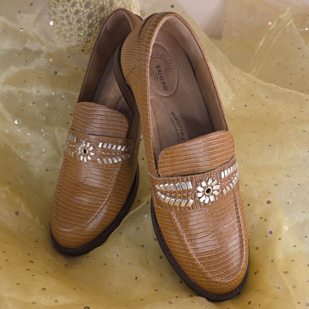 Brioso Tan Embossed Loafers with Gold Accent - Women Shoes 7.5M